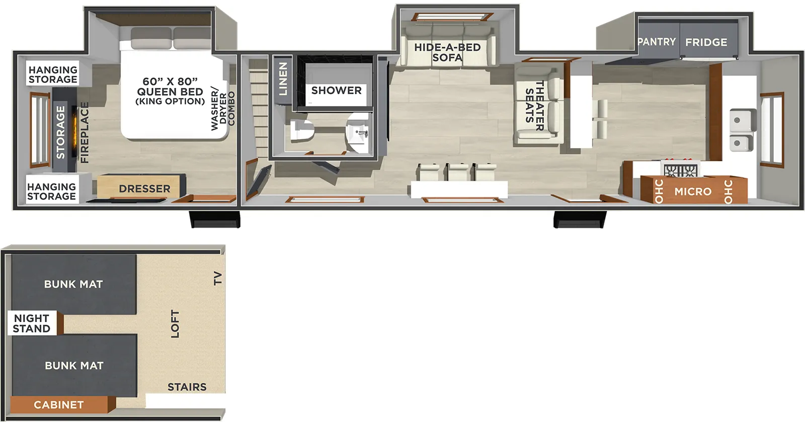 The Lost Pines ASPEN floorplan has two entries and three slide outs. Exterior features include: fiberglass exterior. Interiors features include: loft, front kitchen and rear bedroom.